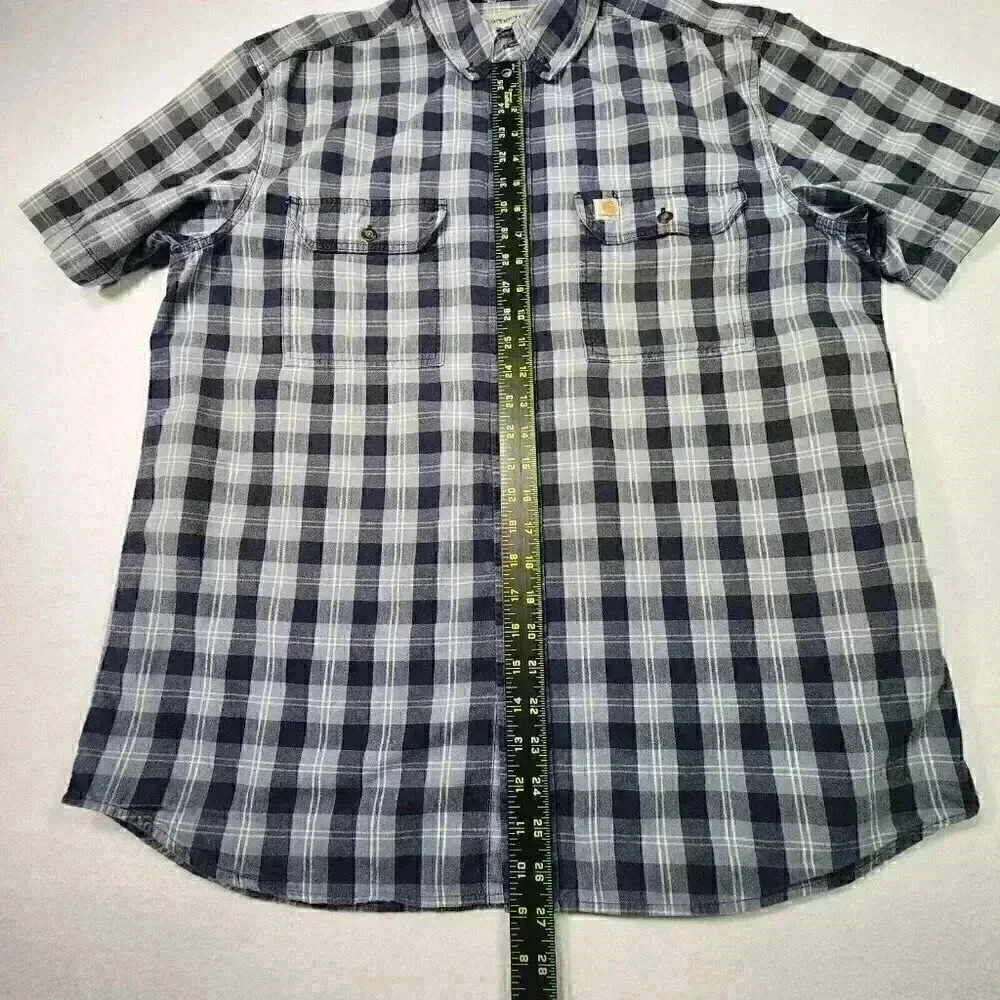 Carhartt Men's Loose Fit Midweight Shirt Large Short Sleeve Blue Plaid Button Up - Picture 11 of 15